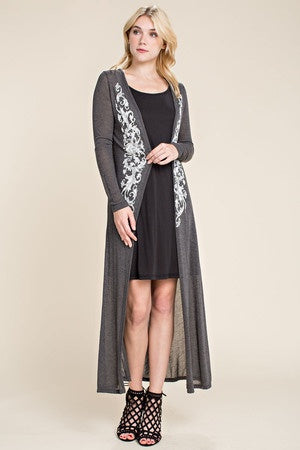 LS DUSTER CARDIGAN WITH PRINT AND STONE DETAILS